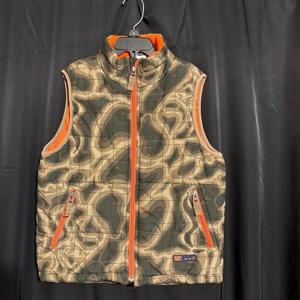 Gap Boys Small Green Orange Topographic Map Print Puffer Vest